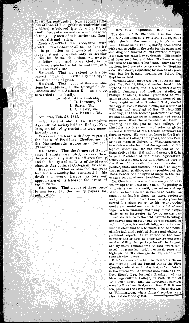 Death of President Chadbourne Newspaper Article/Clipping Wisconsin