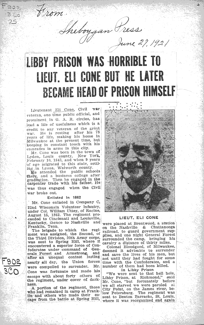  Source: Sheboygan Press Topics: Civil War Date: 1921-06-27