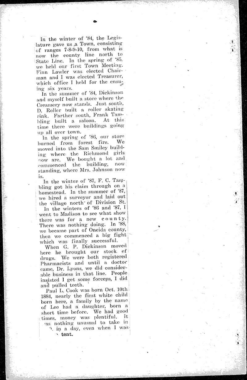 Early day history Newspaper Article/Clipping Wisconsin Historical