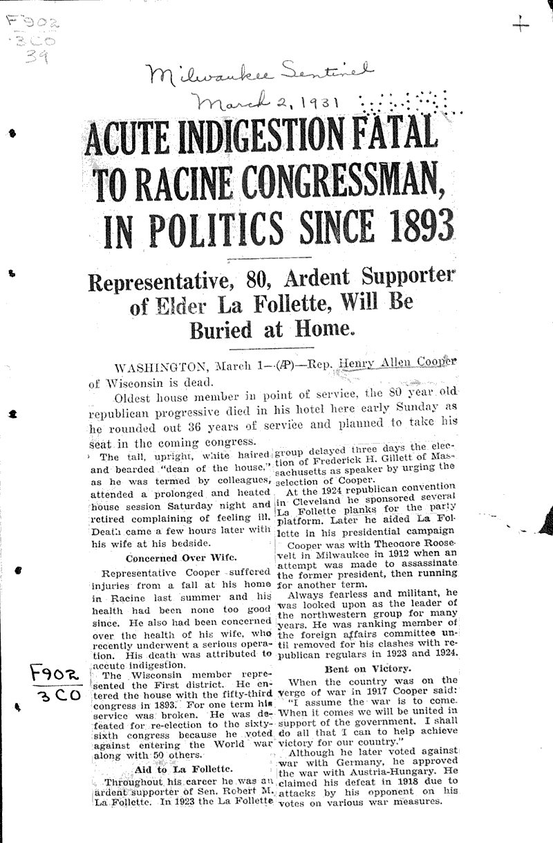  Source: Milwaukee Sentinel Topics: Government and Politics Date: 1931-03-02