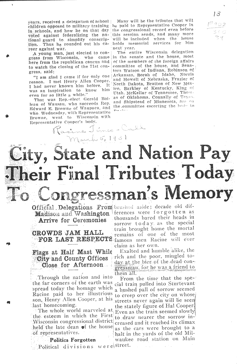  Source: Wisconsin State Journal Topics: Government and Politics Date: 1931-03-05