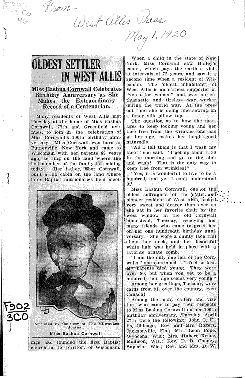 Oldest settler in West Allis Source: West Allis Press Date: 1920-05-01