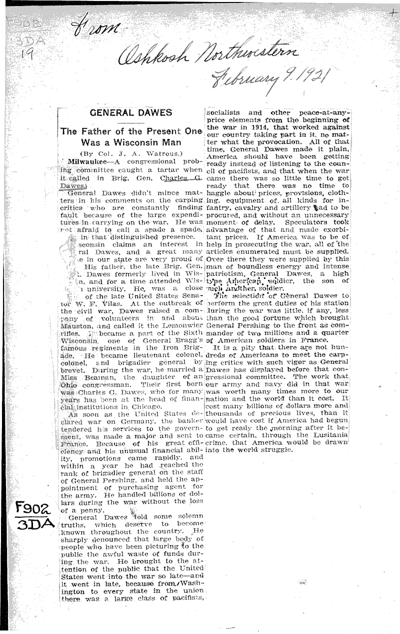  Source: Oshkosh Northwestern Date: 1921-02-09