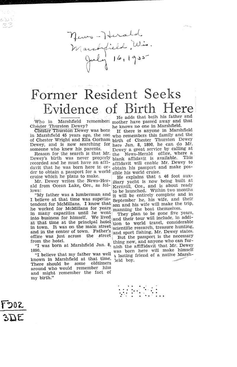 Former resident seeks evidence of birth here Newspaper Article