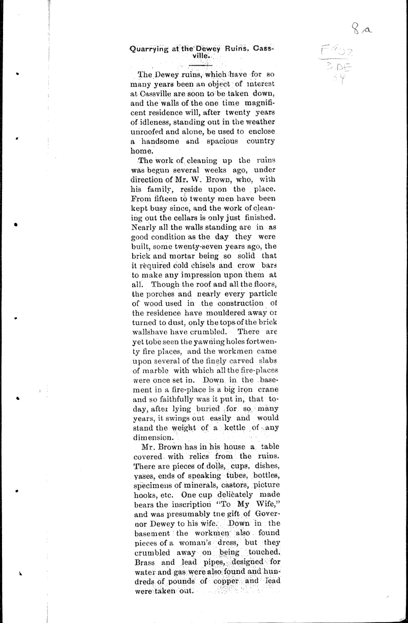 Quarrying at the Dewey ruins, Cassville Newspaper Article/Clipping