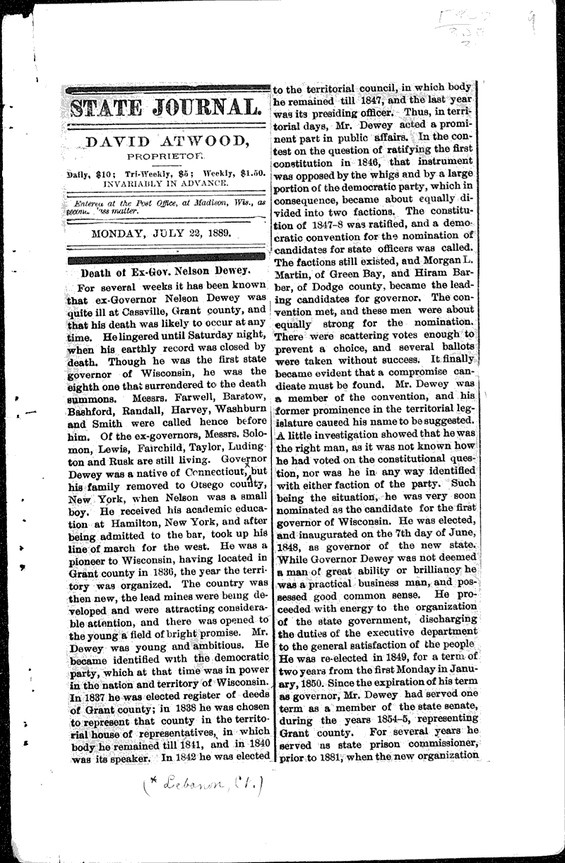  Source: Wisconsin State Journal Topics: Government and Politics Date: 1889-07-22