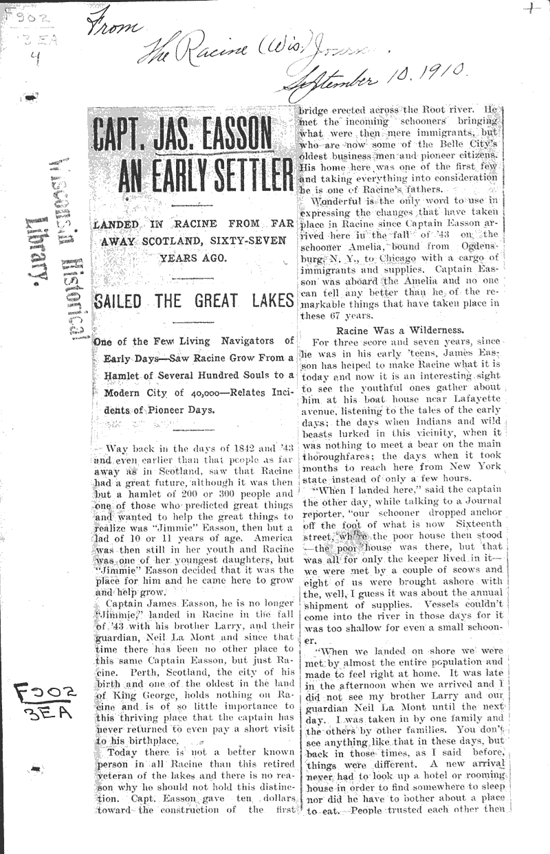 Cap. Jas. Easson an early settler Newspaper Article/Clipping