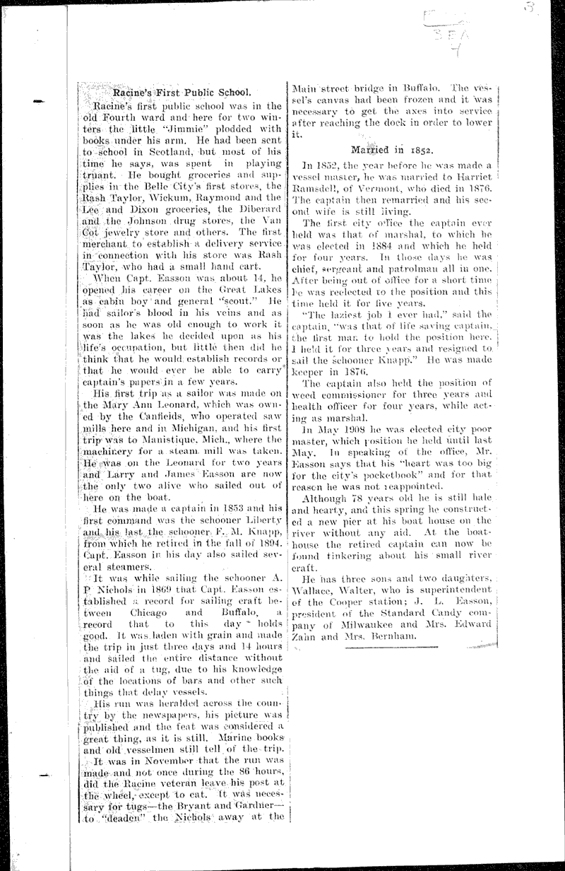 Cap. Jas. Easson an early settler Newspaper Article/Clipping