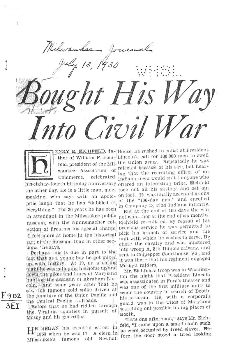  Source: Milwaukee Journal Topics: Civil War Date: 1930-07-13