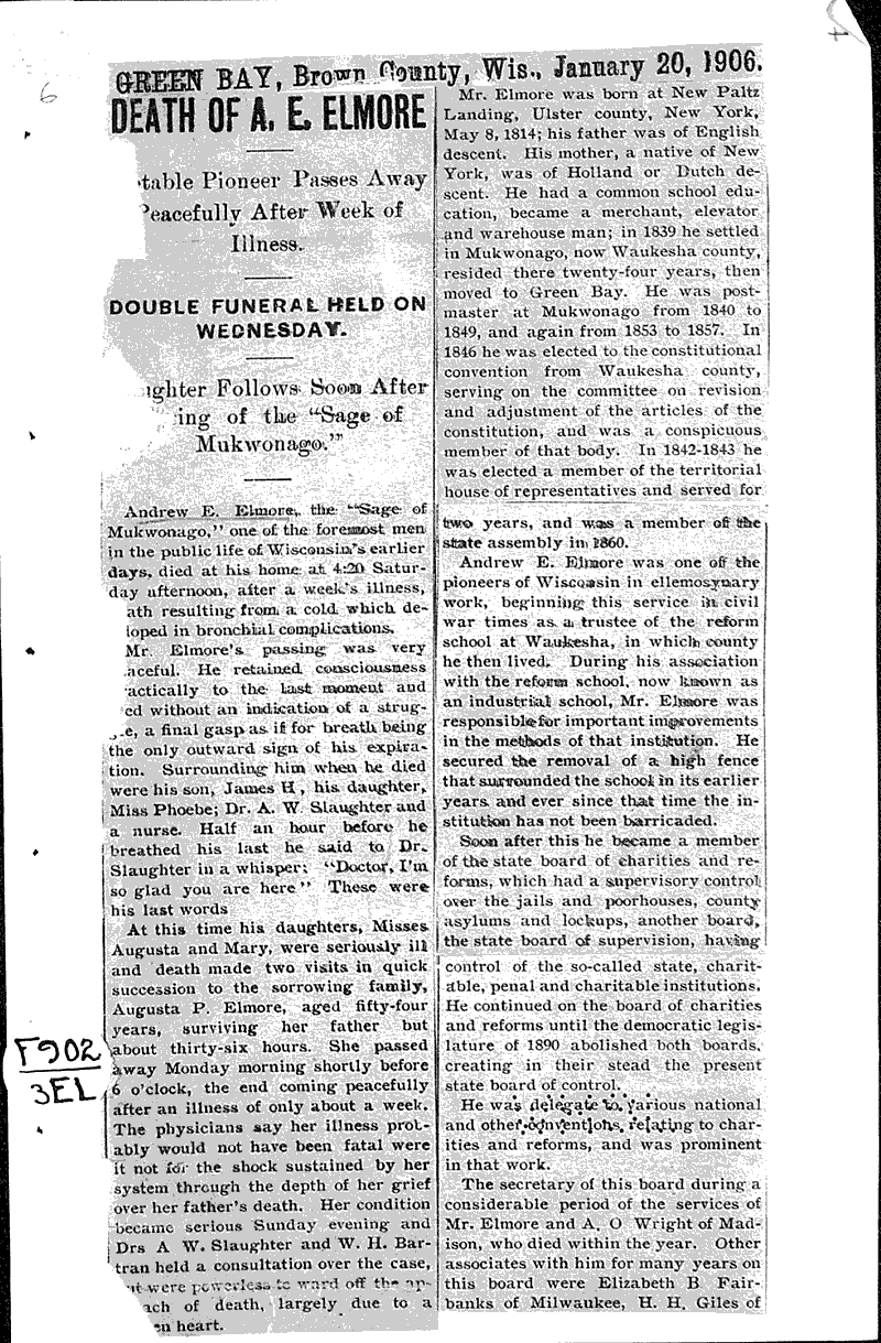 Death of A. E. Elmore Newspaper Article/Clipping Wisconsin