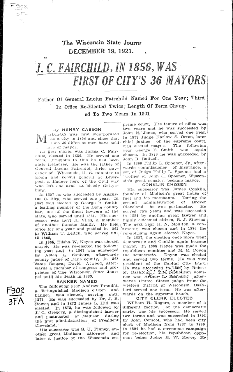 J. C. Fairchild, in 1856, was first of city's 36 mayors Newspaper