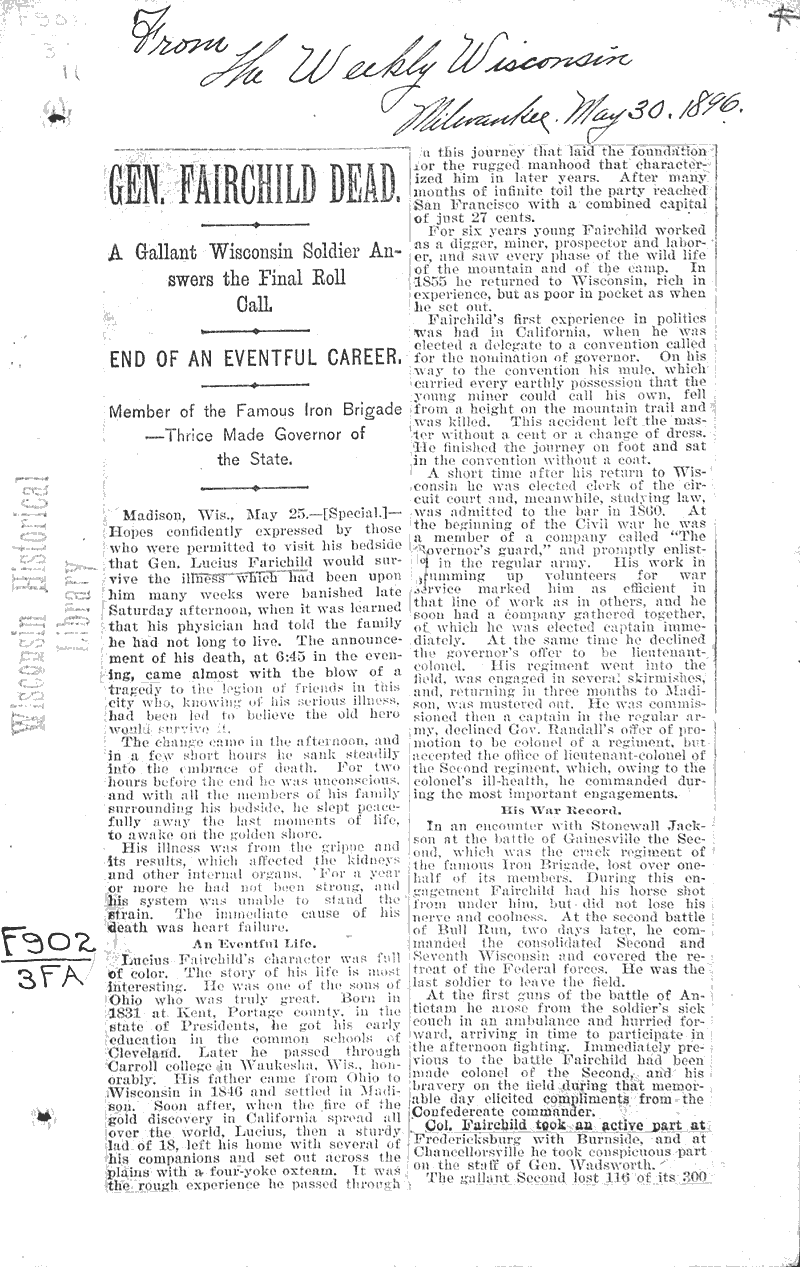 Gen. Fairchild dead Newspaper Article/Clipping Wisconsin Historical Society