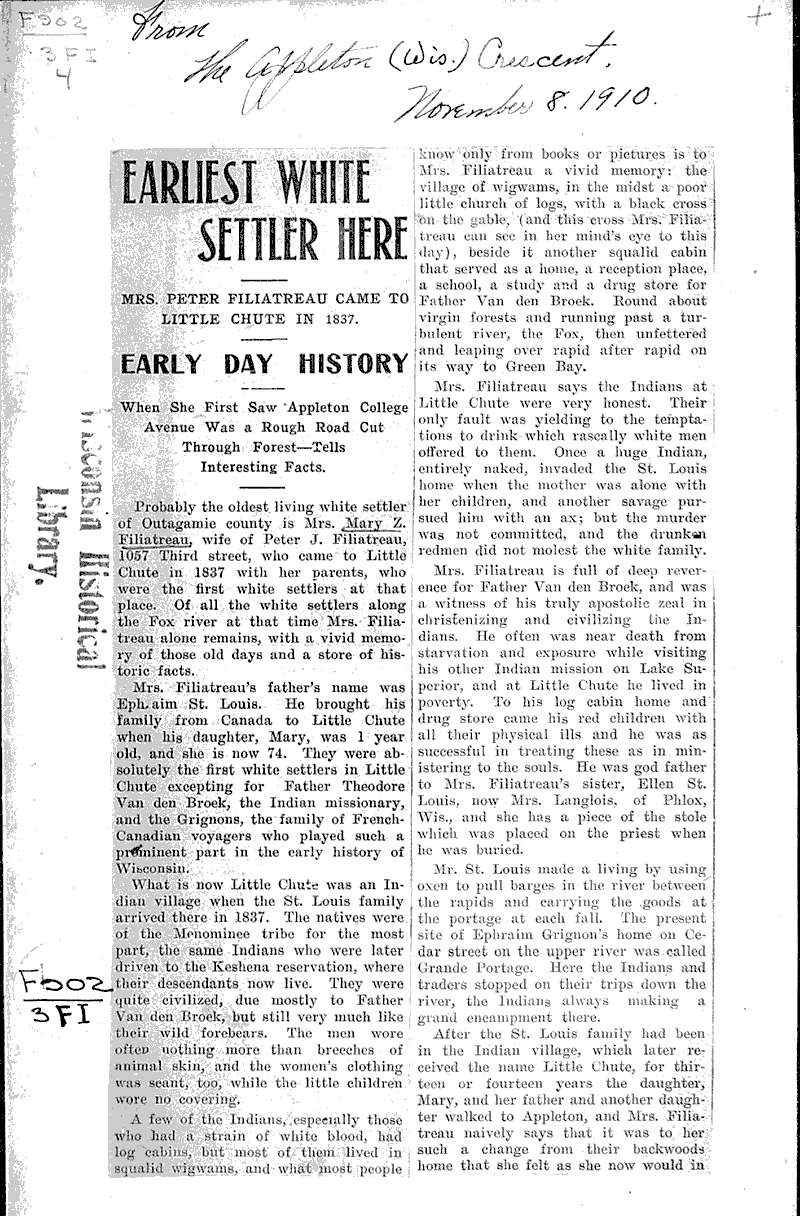 Earliest white settler here Newspaper Article/Clipping Wisconsin