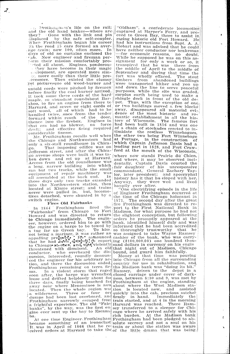 Charles frothingham, for 52 years on n. w. engines, has interesting