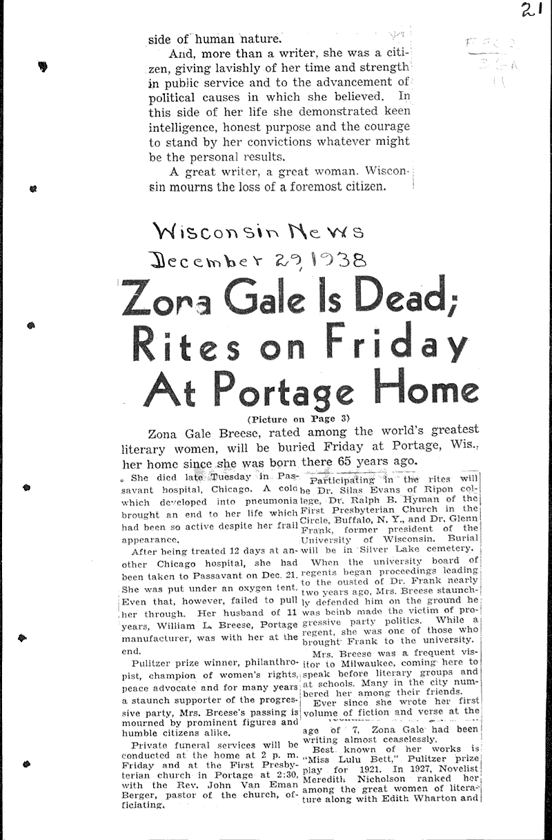  Source: Wisconsin News Topics: Art and Music Date: 1938-12-29