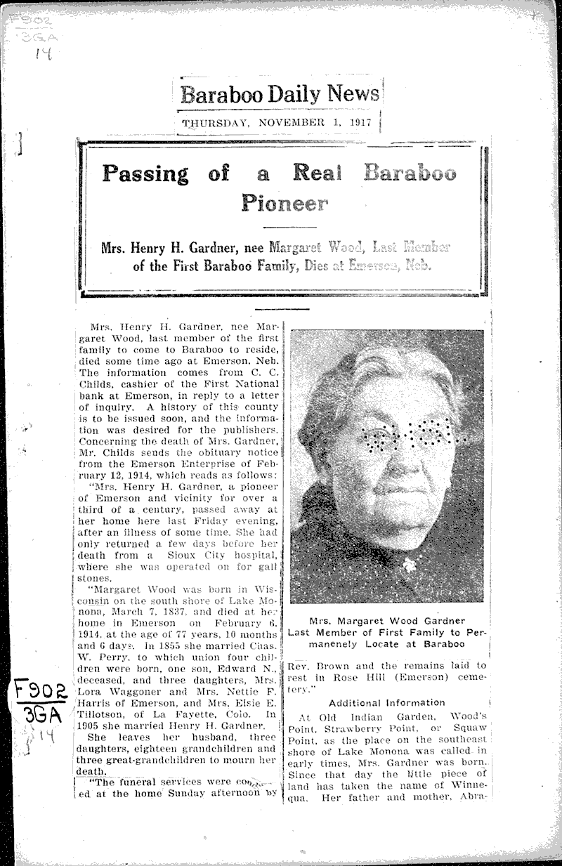 Passing ot a real baraboo pioneer Newspaper Article/Clipping