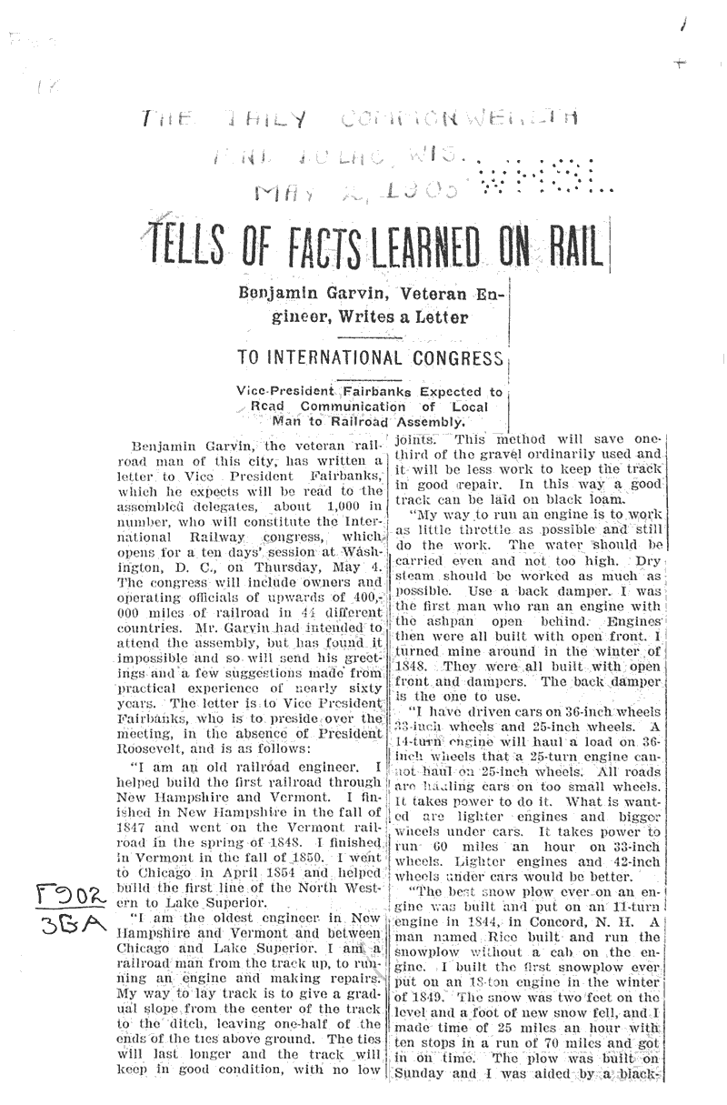  Source: Fond du Lac Commonwealth-Reporter Topics: Transportation Date: 1905-05-02