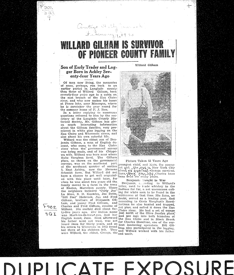 Willard Gilham is survivor of pioneer county family Newspaper Article
