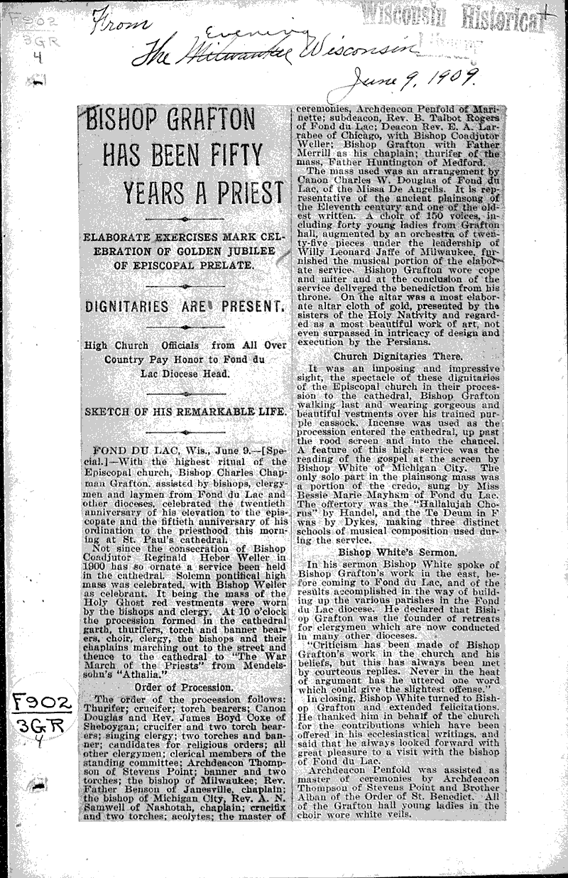  Source: Evening Wisconsin Topics: Church History Date: 1909-06-09