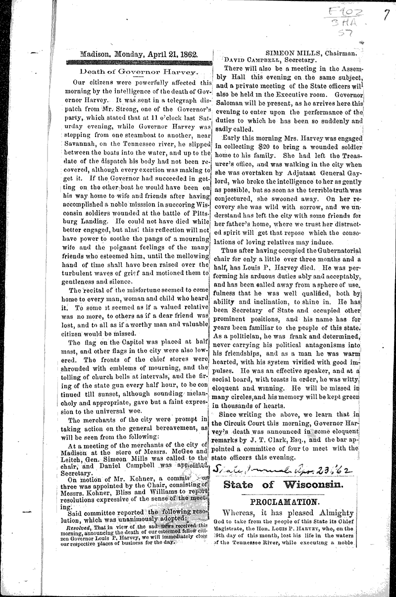  Source: Wisconsin State Journal Topics: Government and Politics Date: 1862-04-22