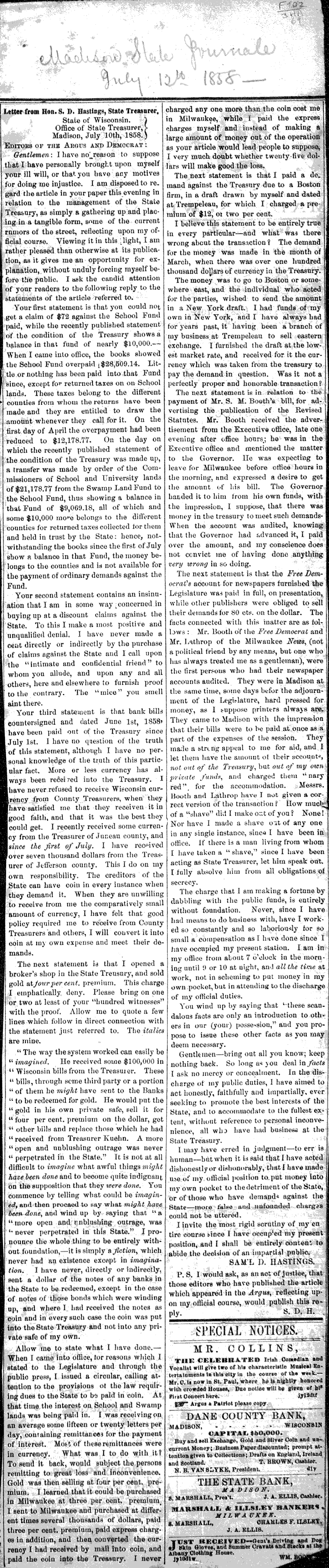  Source: Wisconsin State Journal Topics: Government and Politics Date: 1858-07-12