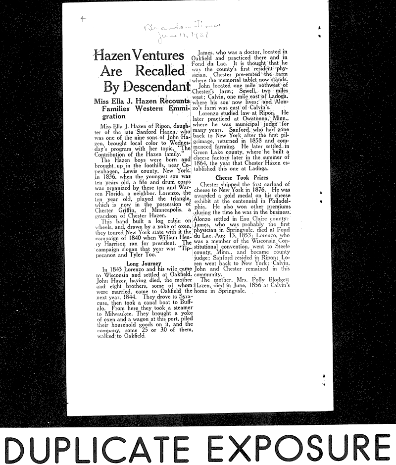 Hazen ventures are recalled by descendant Newspaper Article/Clipping