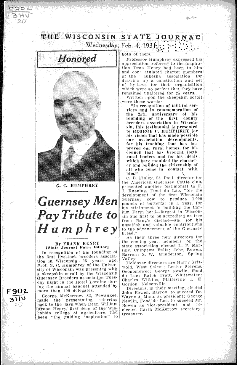 Source: Wisconsin State Journal Topics: Agriculture Date: 1931-02-04