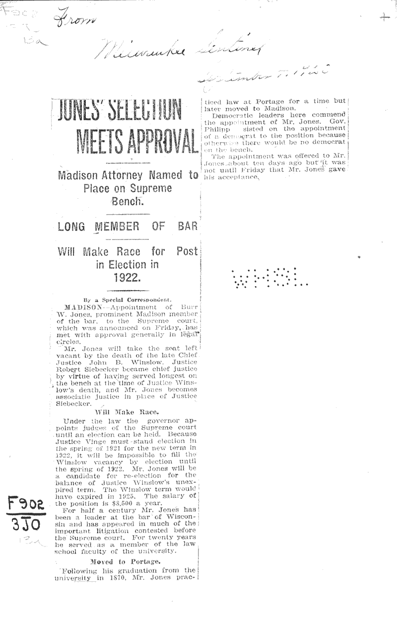 Jones' selection meets approval Source: Milwaukee Sentinel Date: 1920-09-04