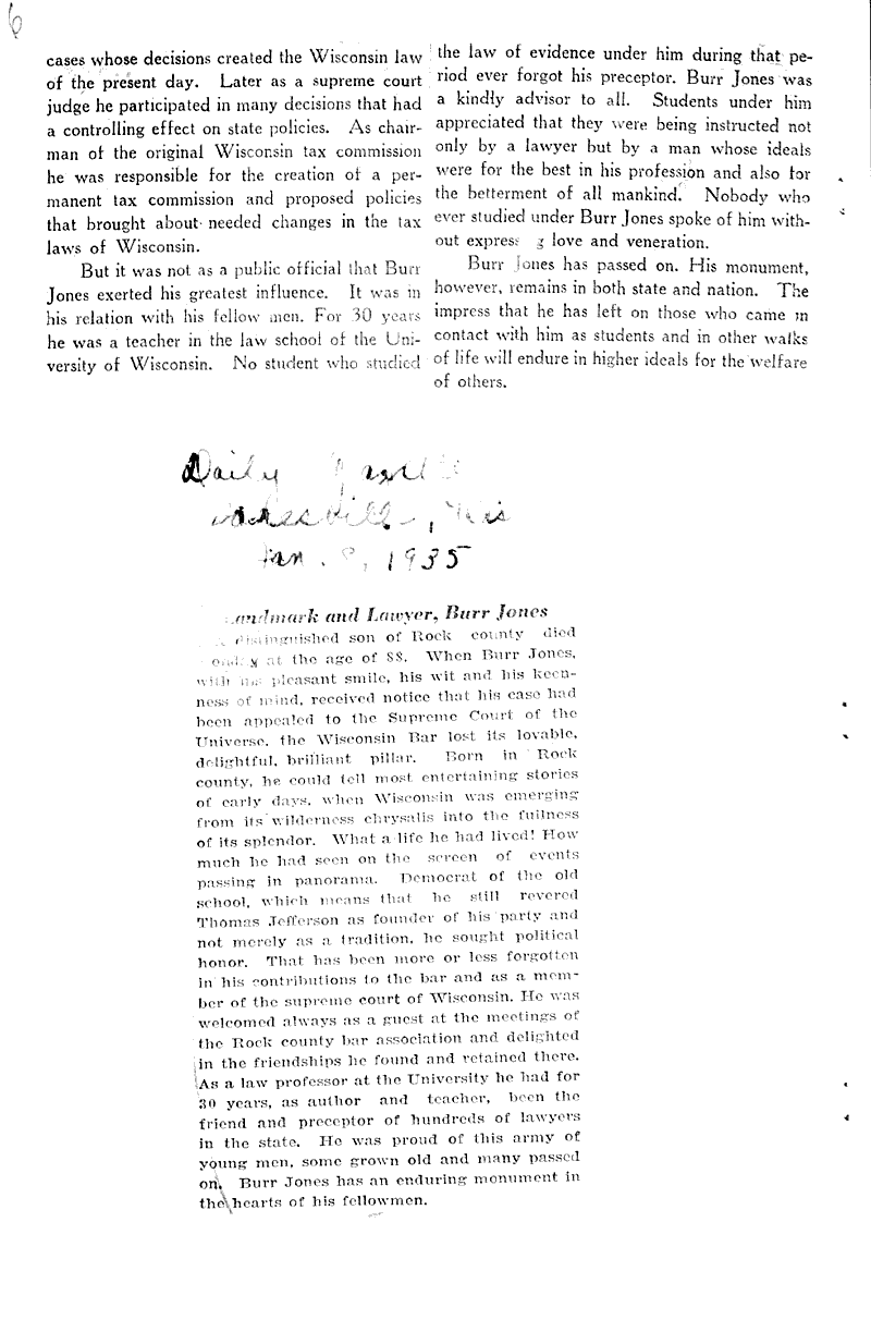 Landmark and lawyer, Burr Jones Source: Janesville Daily Gazette Date: 1935-01-08