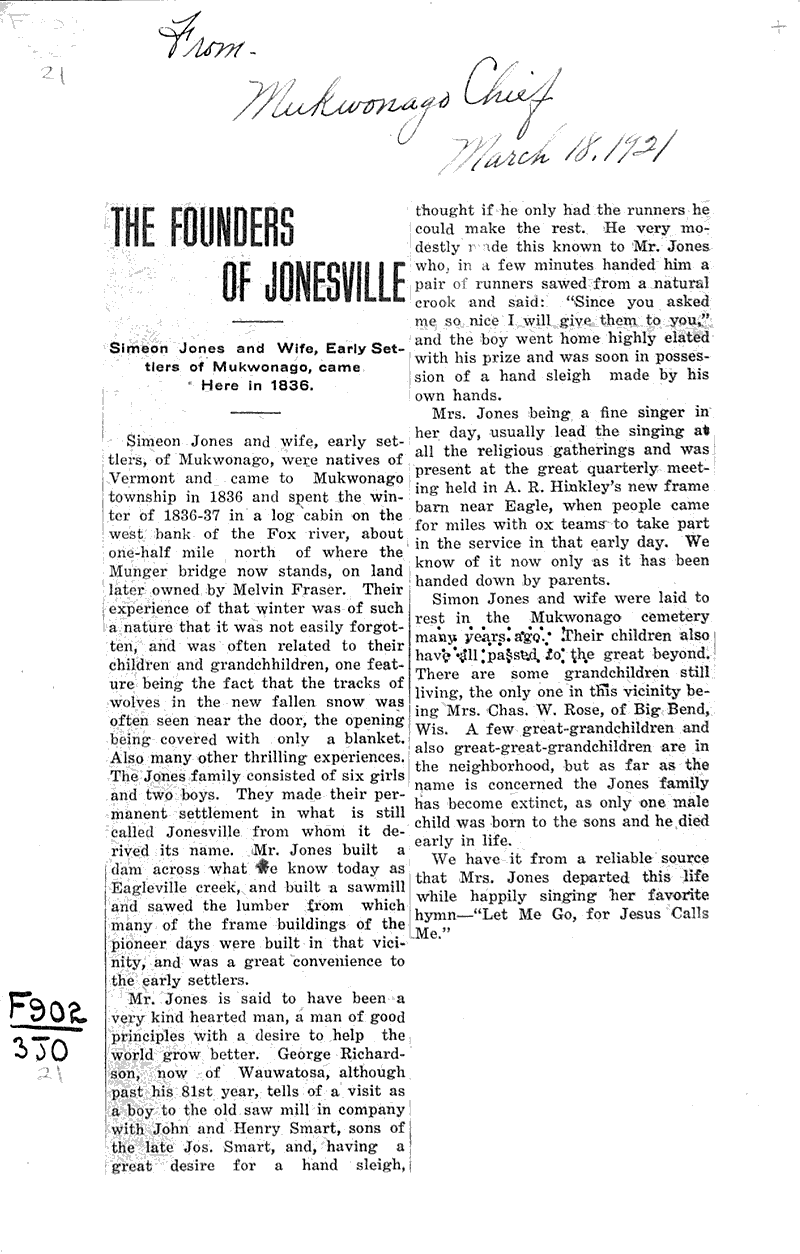 The founders of Jonesville Newspaper Article/Clipping Wisconsin Historical Society