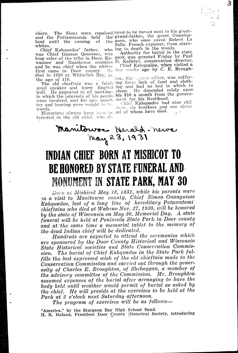  Source: Manitowoc Herald Times Topics: Indians and Native Peoples Date: 1931-05-23