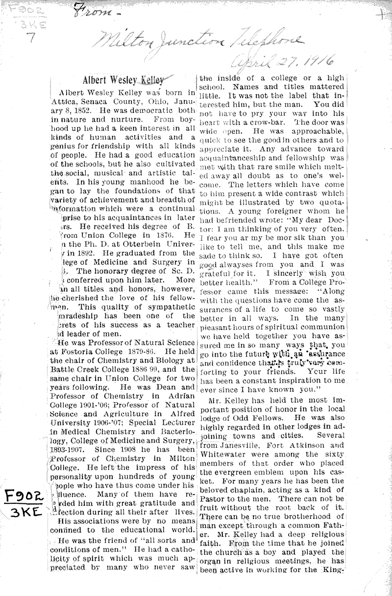  Source: Milton Junction Telephone Topics: Education Date: 1916-04-27