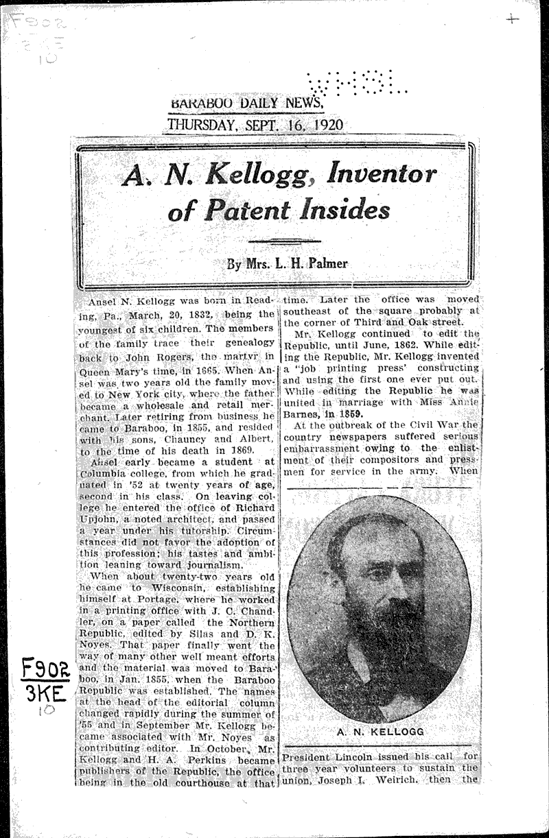 A. N. Kellogg, inventor of patent insides Source: Baraboo Daily News Topics: Industry Date: 1920-09-16