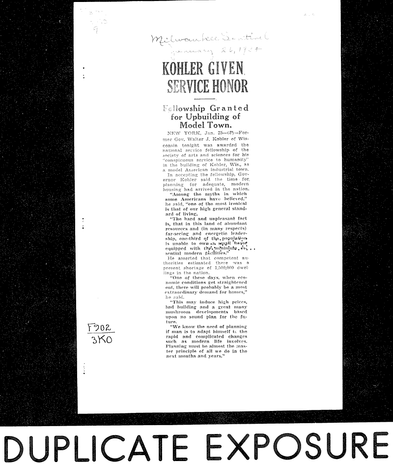 Kohler given service honor Newspaper Article/Clipping Wisconsin