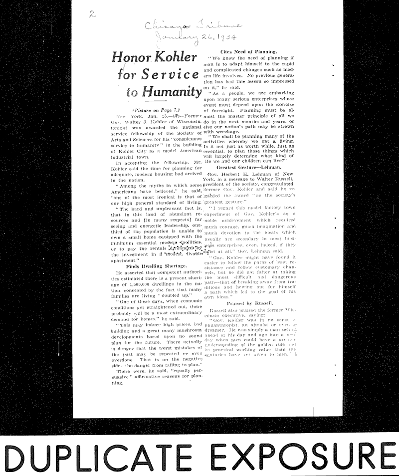 Kohler given service honor Newspaper Article/Clipping Wisconsin