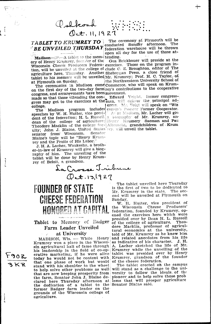 Tablet to Krumrey to be unveiled Thursday Date: 1927-10-11