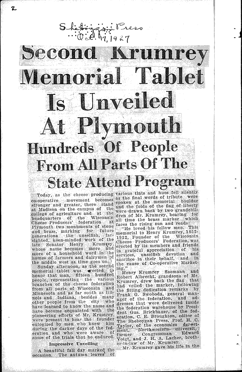 Tablet to Krumrey to be unveiled Thursday Date: 1927-10-11