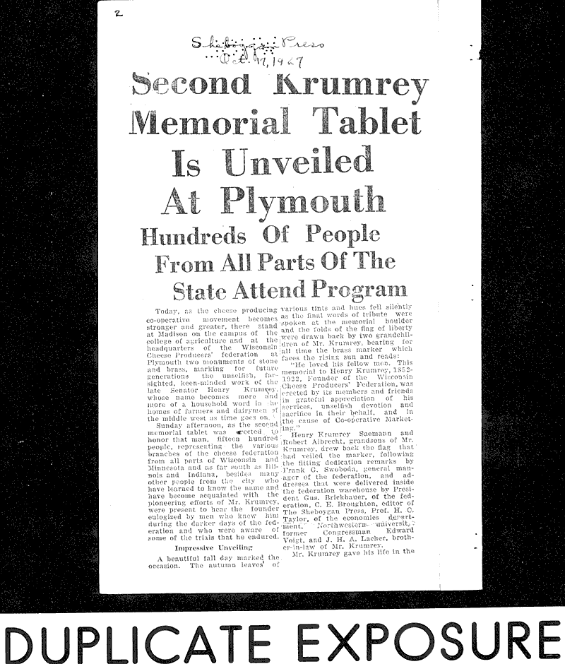 Tablet to Krumrey to be unveiled Thursday Date: 1927-10-11