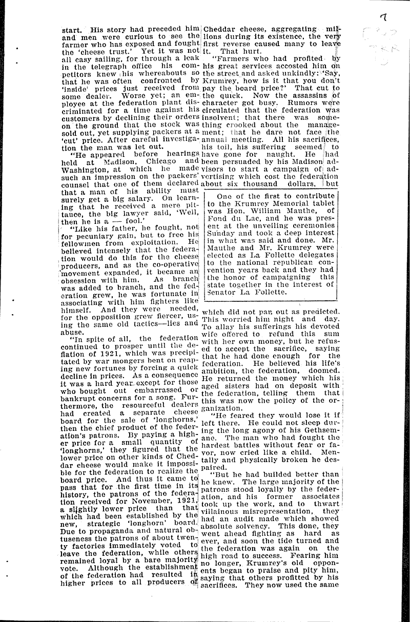 Tablet to Krumrey to be unveiled Thursday Date: 1927-10-11