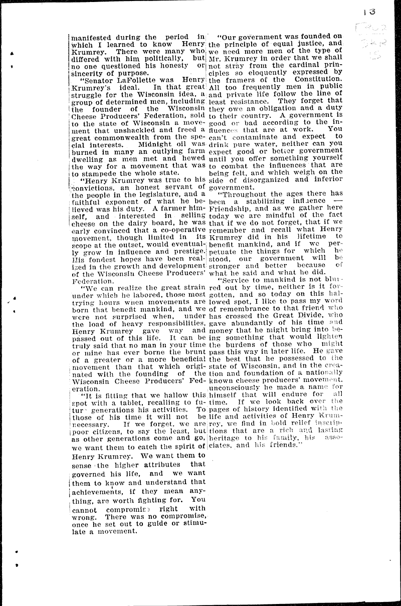 Tablet to Krumrey to be unveiled Thursday Date: 1927-10-11