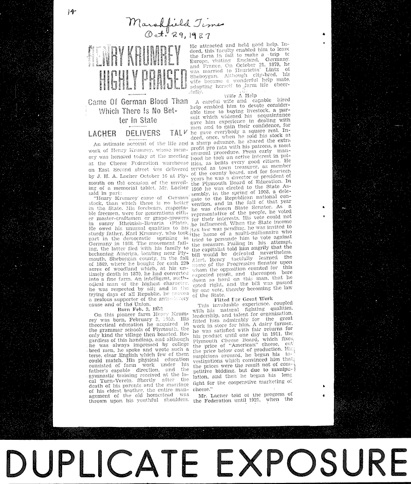 Tablet to Krumrey to be unveiled Thursday Date: 1927-10-11