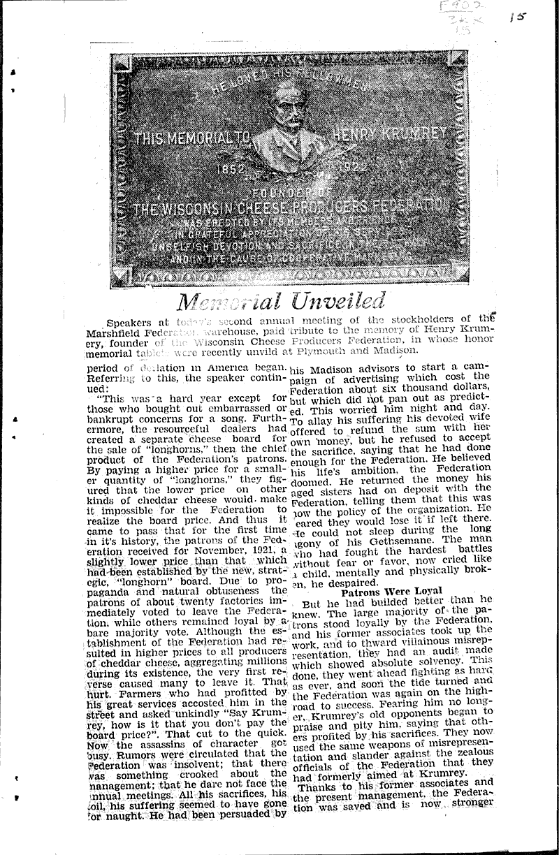 Tablet to Krumrey to be unveiled Thursday Date: 1927-10-11