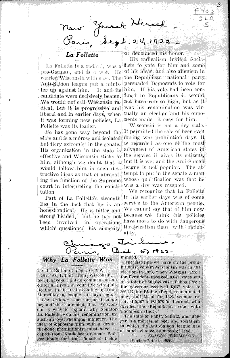 Historic cloth to La Follette's Newspaper Article/Clipping