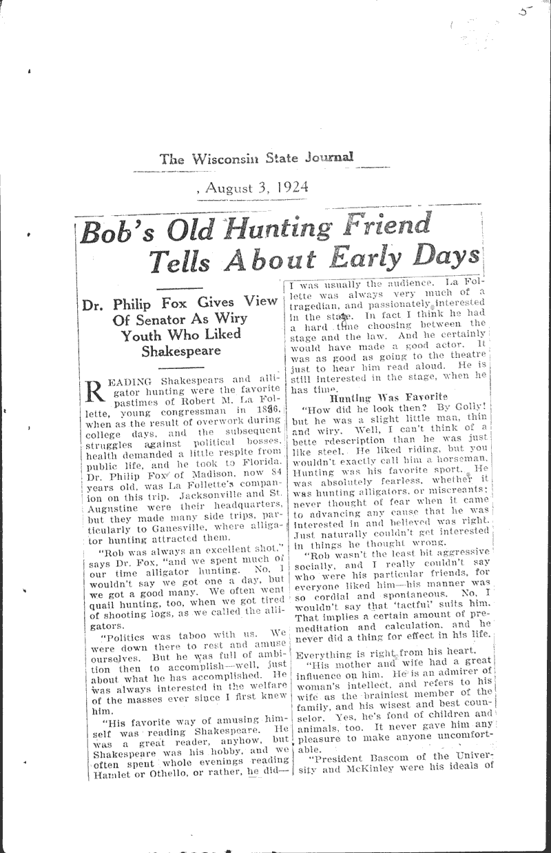 Historic cloth to La Follette's Newspaper Article/Clipping