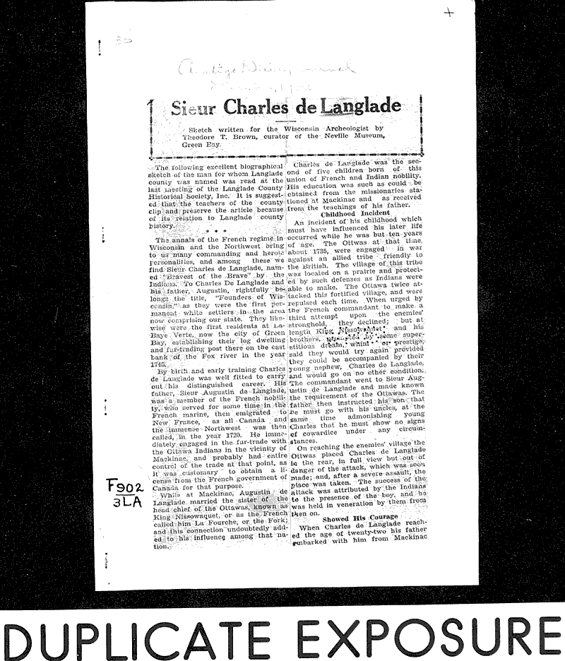 Sieur Charles de Langlade Newspaper Article/Clipping Wisconsin
