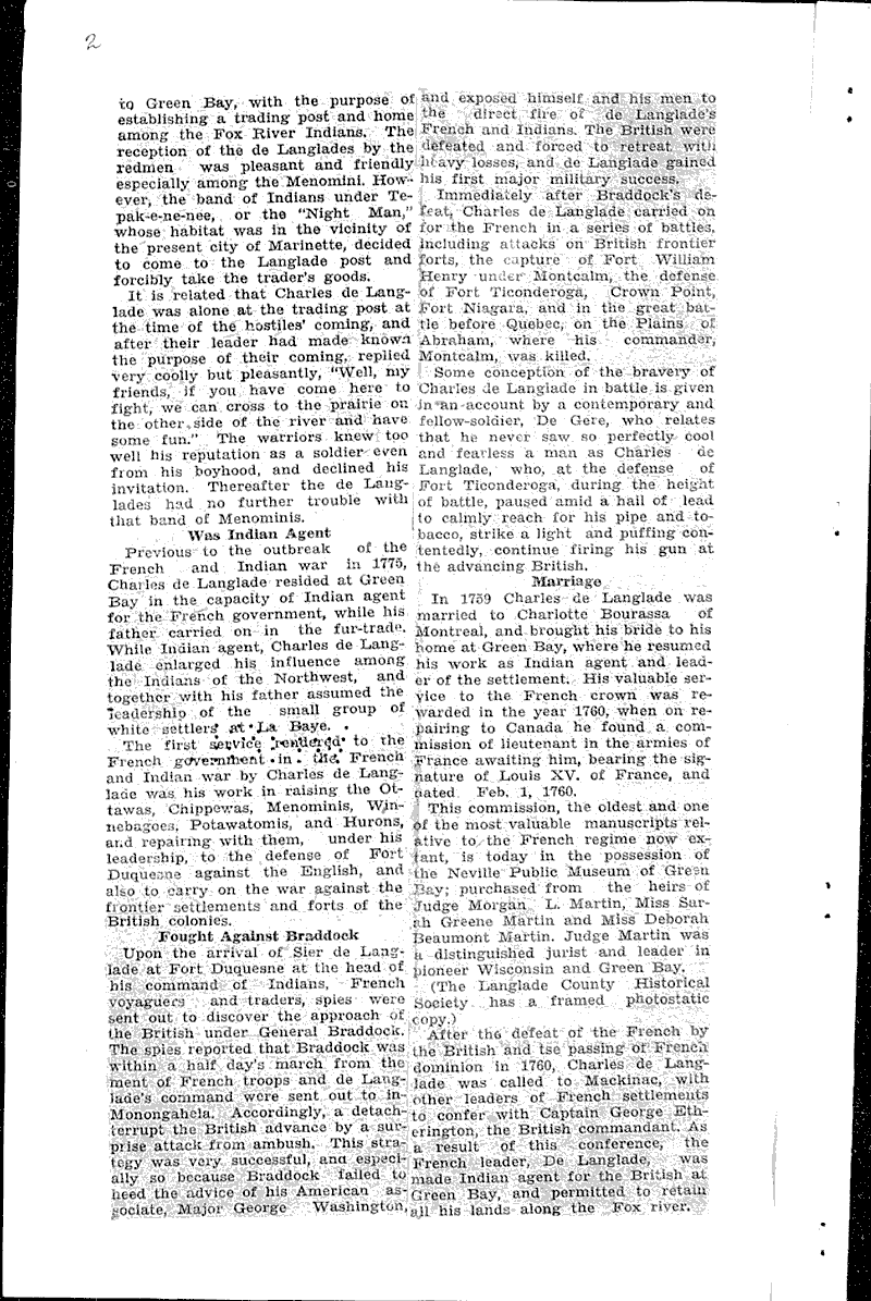 Sieur Charles de Langlade Newspaper Article/Clipping Wisconsin