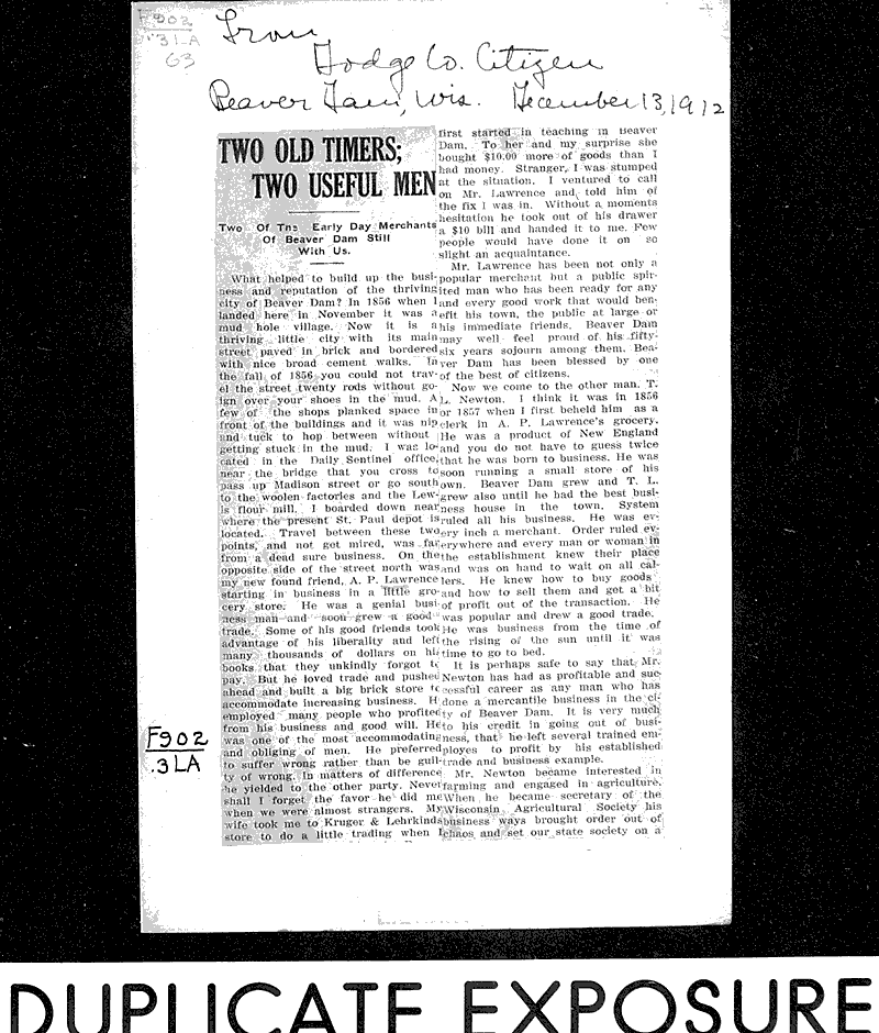 Two old timers; two useful men Newspaper Article/Clipping Wisconsin