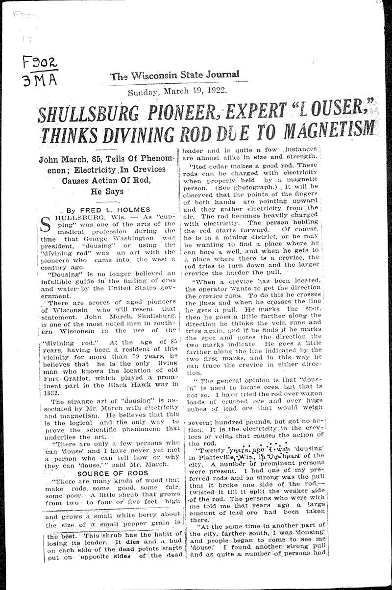 Shullsburg pioneer, expert "louser," thinks divining rod due to