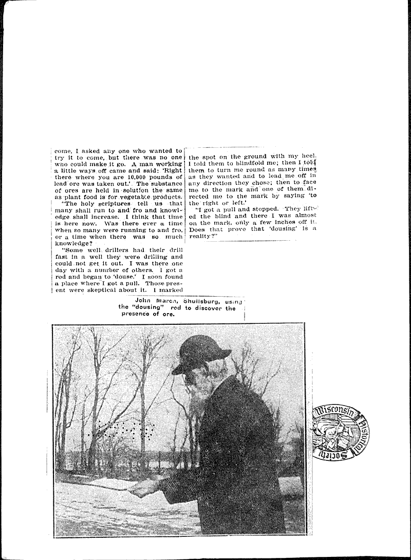 Shullsburg pioneer, expert "louser," thinks divining rod due to