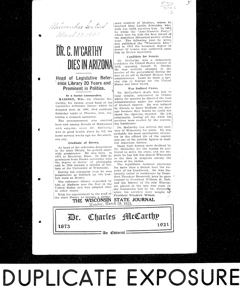  Source: Wisconsin State Journal Topics: Government and Politics Date: 1921-03-28